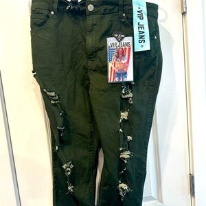 V.I.P. JEANS Women's Green Size 24 Fray Hem Skinny Distressed Ripped plus size